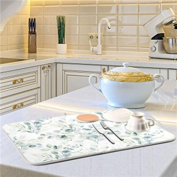Green Leaves Dish Drying Mat for Kitchen Counter - Picture 6 of 8